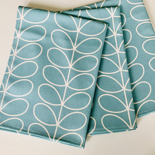 Retro Pale Blue Stem Tea Towels, Orla Kiely Fabric, Set of 3, Singles, Handsewn