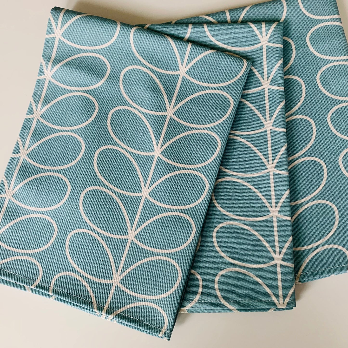 Retro Pale Blue Stem Tea Towels, Orla Kiely Fabric, Set of 3, Singles, Handsewn