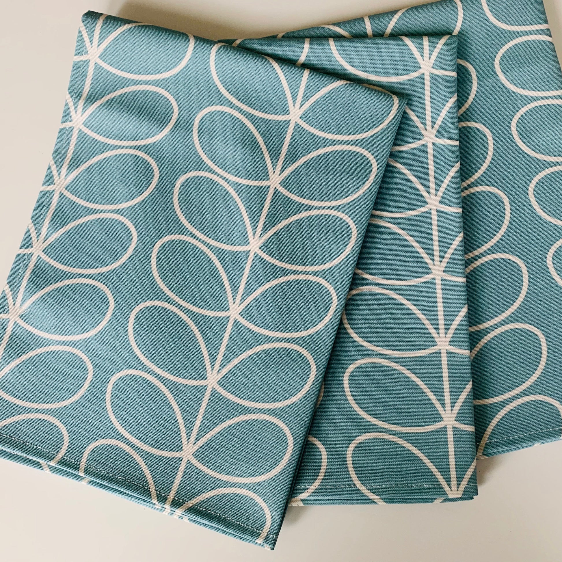 Retro Pale Blue Stem Tea Towels, Orla Kiely Fabric, Set of 3, Singles, Handsewn