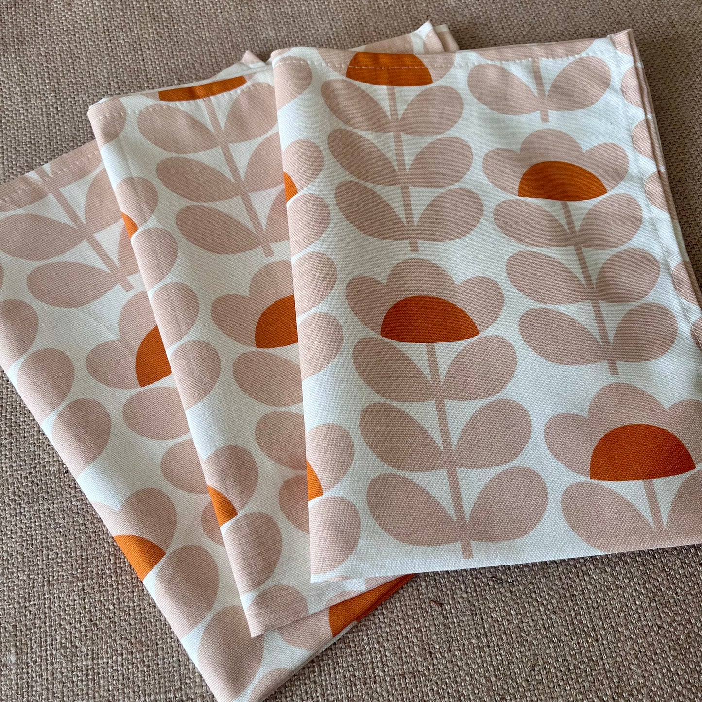 Retro Sweet Pea Orange Tea Towels, Orla Kiely Fabric, Set of 3, Singles, Handsewn