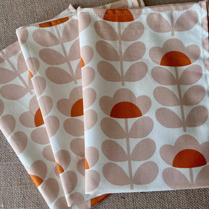 Retro Sweet Pea Orange Tea Towels, Orla Kiely Fabric, Set of 3, Singles, Handsewn